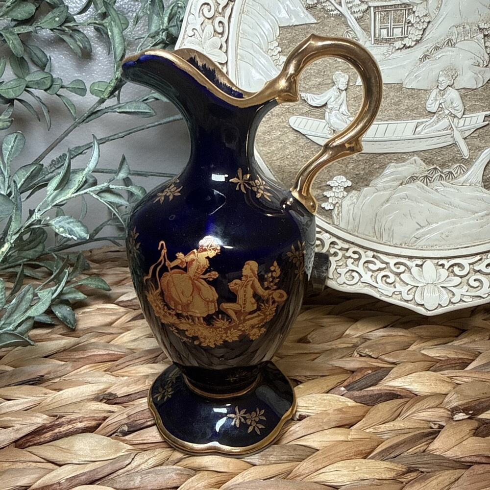 Limoges Castel France Cobalt Blue Gold Gilt Mini Ewer Pitcher 6” Porcelain